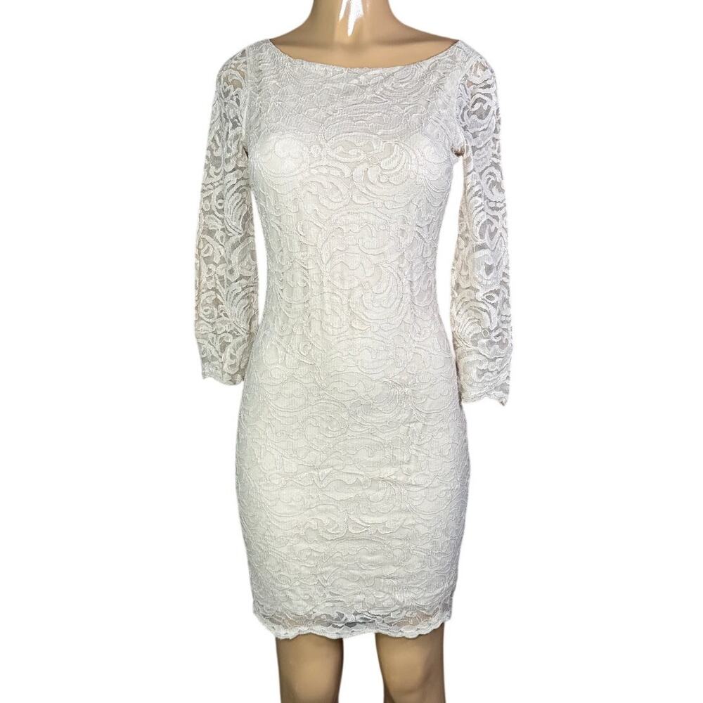 Belle Badgley Mischka Dress Lace Scallop Trim Sheer Long Sleeve SZ 4 NWT